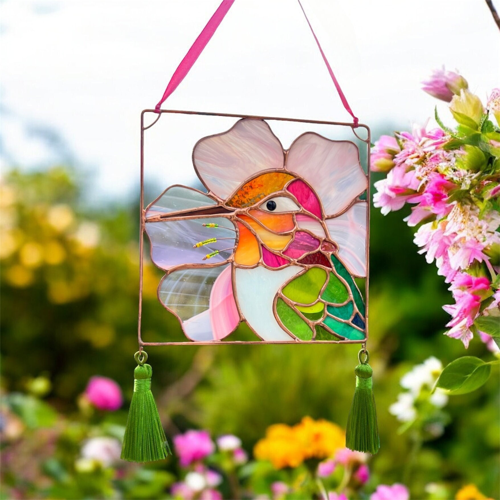Hummingbird stained glass window hangings / Bird ornament / Light catcher / Hummingbird art / Hummingbird stained glass suncatcher