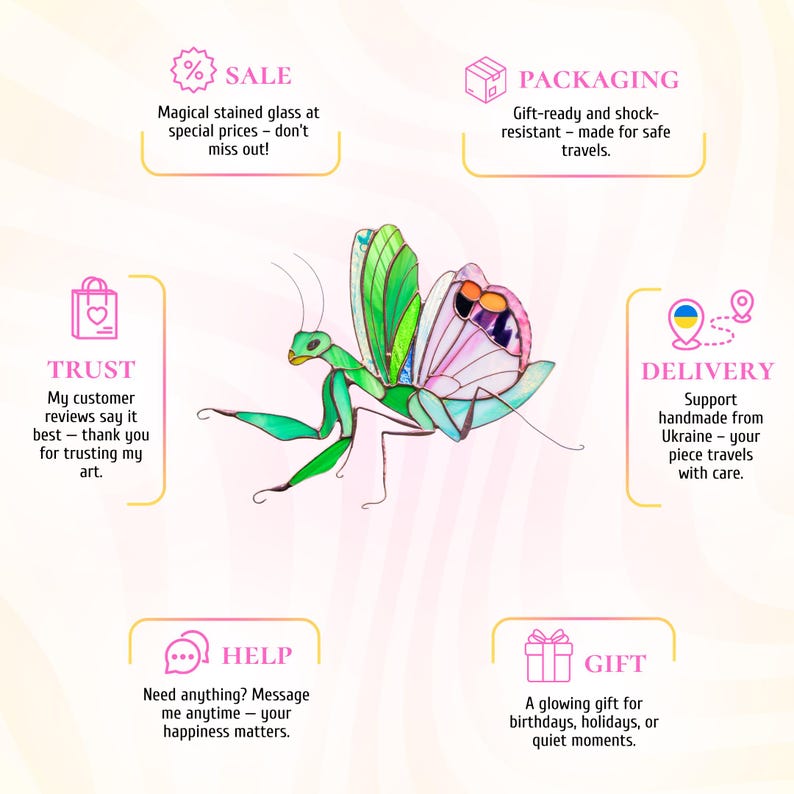 Infographic about stained glass purchase benefits including sale, packaging, customer trust, delivery and support, featuring handmade praying mantis suncatcher.