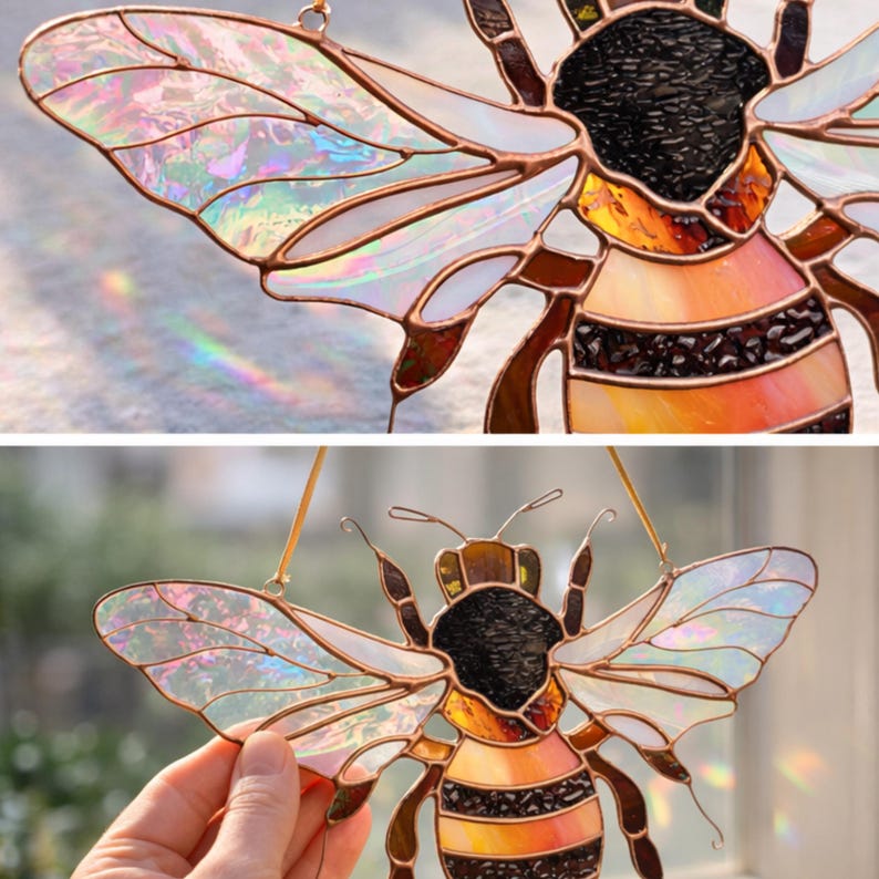 Close up of stained glass bee suncatcher wing made with iridescent glass and copper foil lines. Handmade bee window hanging showing rainbow reflections in sunlight and detailed insect wing design.