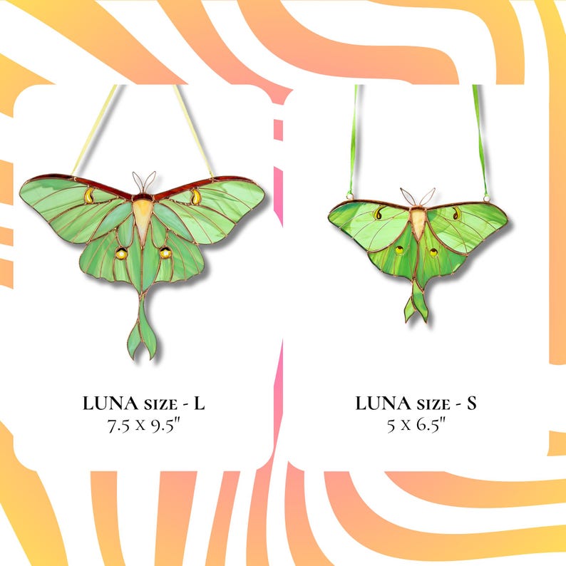 Luna moth stained glass suncatchers in two sizes - L and S