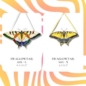 stained glass swallowtail suncatchers in two sizes, L and S