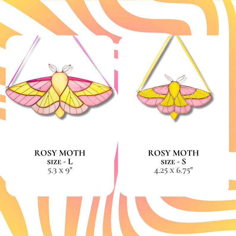 stained glass monarch rosy maple moth in two sizes, L and S