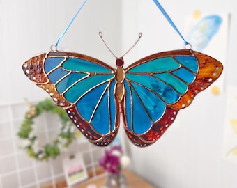 Blue morpho butterfly stained glass suncatcher / Retirement gift / Modern stained glass window hangings / Yard art / Butterfly memorial