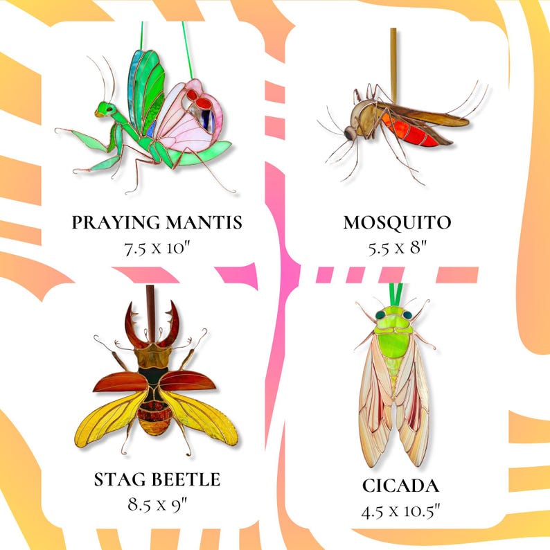 Infographic showing stained glass insect suncatchers including green and blue scarab, praying mantis, mosquito, stag beetle and cicada with sizes, handmade glass window decor collection.