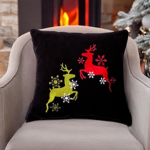Embroidered Deer Christmas Pillow with Insert - Velvet