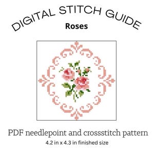 Può includere: Guida digitale per punti per rose. Il design presenta un motivo a punto croce di rose rosa con foglie verdi, circondato da un bordo rosa decorativo. La dimensione finita è di 10,7 cm per 10,9 cm.