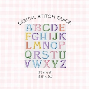 May include: A digital stitch guide with the alphabet in various colors. The text "DIGITAL STITCH GUIDE" is arched above the alphabet. The guide is 8.6" x 9.1" and has a 13 mesh count. The background is a pink and white checkered pattern.