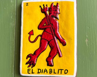 El Diablito Little Devil ręcznie robiona czerwona glina, meksykańska gra karciana Loteria Naughty Devil