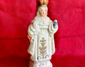Infant of Prague Figurine in Bisque Porcelain with Gold Edging and Red Crown