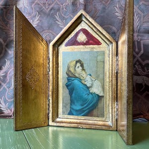 Madonna and Child in a Beautiful Vintage Gold Leaf Florentine Triptych