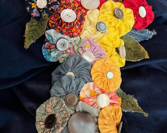 One-of-a-kind, mindfully hand-stitched Vintage fabric Yo-Yo Wall Hanging | upcycled vintage materials only