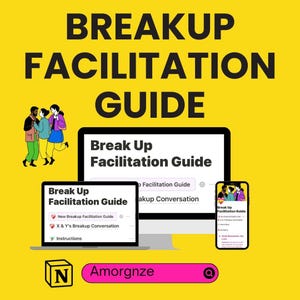 Puede incluir: Un fondo amarillo con las palabras "BREAKUP FACILITATION GUIDE" en letras negras grandes. La imagen incluye una computadora portátil, un monitor de escritorio y un teléfono inteligente que muestra la guía. Una barra de búsqueda rosa con la palabra "Amorgnze" está en la parte inferior.