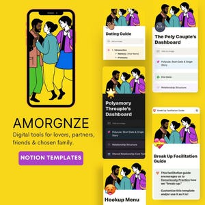 Peut inclure: Image promotionnant des outils numériques pour les relations. L'image présente un téléphone avec une illustration de couple et plusieurs modèles Notion, dont un guide de rencontres et un guide de rupture.
