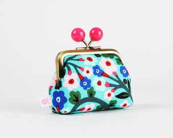 Metal frame coin purse with color bobbles - Soma aqua - Color mum / Kisslock fabric wallet / Monika Forsberg / green blue pink red flowers