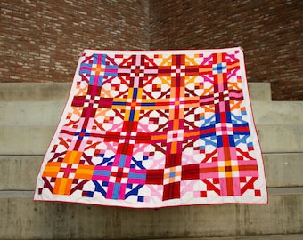 Modern geometric handmade cotton quilt / King size patchwork blanket / Unique handquilted textile art / Room decor / Siwa