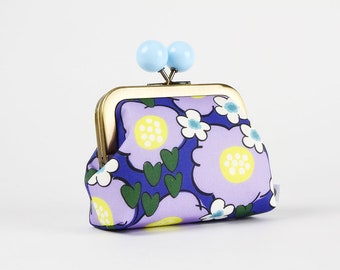 Metal frame coin purse with color bobble - Cartoon flowers in purple - Color dad / Kisslock fabric wallet / white green lilac