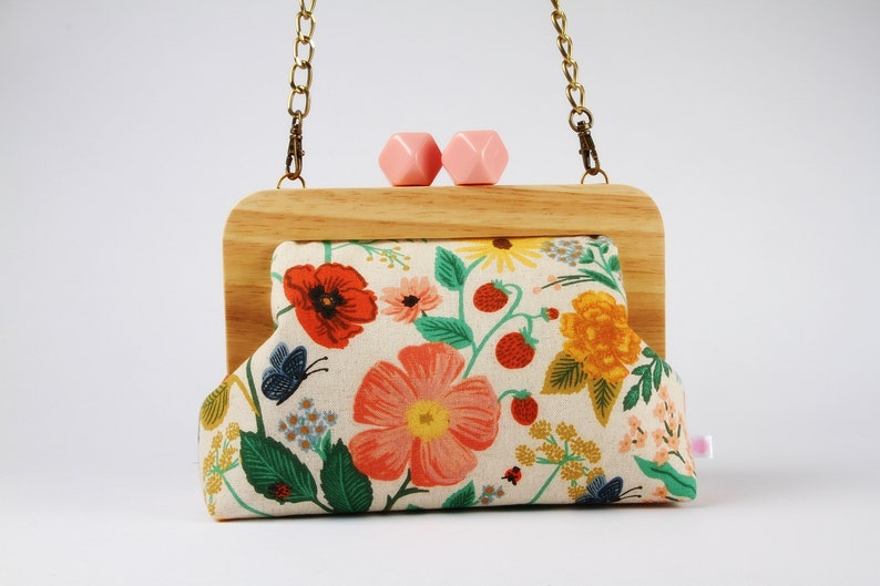 Wooden frame clutch bag with chain strap Botanical floral in natural Color wooden trip purse / Rifle Paper / Fabric crossbody bag image 2