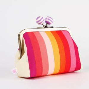 Kiss lock fabric wallet with color bobble - Sunshine stripes - Big pop-up / Double metal frame purse / Two sections wallet / Rainbow