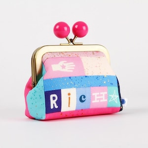 Metal frame coin purse with color bobble - Rich or broke - Color dad / Kisslock fabric wallet / One of a kind patchwork purse