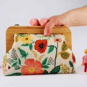 Wooden frame clutch bag with chain strap Botanical floral in natural Color wooden trip purse / Rifle Paper / Fabric crossbody bag image 8