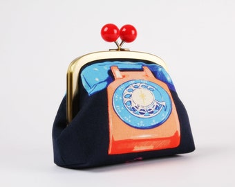 Metal frame clutch bag - Rotary phone in navy - bobble purse / Vintage inspiration / Kisslock cosmetic case / Clasp pouch