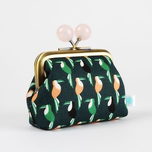 Metal frame coin purse with color bobbles - Toucans on green - Color mum / Kisslock fabric wallet / Tropical birds / peach pink