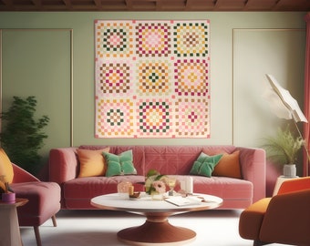 Modern geometric handmade cotton quilt / Patchwork blanket / Unique handquilted gift / Textile art / Granny patch