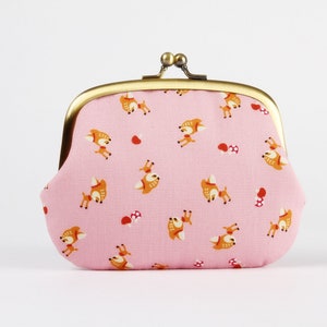 Metal frame purse with two sections - Tiny fawns in pink - Pop up / Clasp wallet / Kawaii japanese fabric / brown red