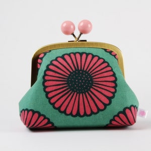 Metal frame clutch bag - African daisy canvas in soft aqua - Color bobble purse /  Kisslock cosmetic case / Clasp fabric pouch