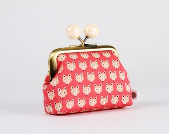Metal Frame Coin Purse With Color Bobbles - Tiny Fox Faces in Pink