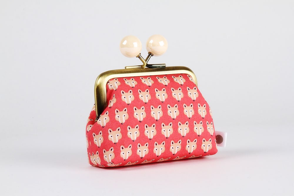 Metal Frame Coin Purse With Color Bobbles - Tiny Fox Faces in Pink