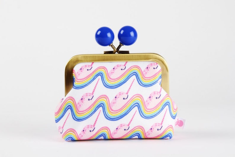 Mystical narwhal white Color dad Katy Tanis northern seas pink yellow Metal frame coin purse with color bobble