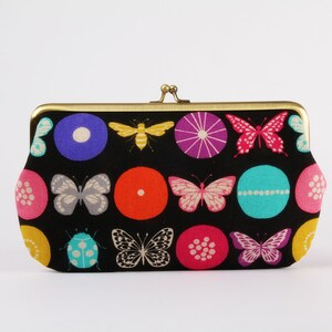Frame purse with two sections - Insect dots black - Big wowlet / Kisslock fabric wallet / Echino japanese fabric / pink purple orange
