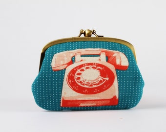 Metal frame purse with two sections - Red rotary phone on vintage blue - big siamese / Kisslock wallet with two compartments / Melody Miller