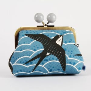 Kiss lock fabric wallet with color bobble - Swallows in blue - Big pop-up / Double metal frame purse / Loes Van Oosten