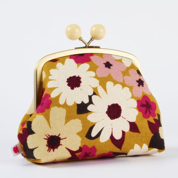 Color bobble pouch - Flowers Gold - metal frame clutch bag
