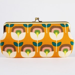 Frame purse with two sections - Retro rainbow flowers in orange - Wowlet / Kisslock fabric wallet / Japanese fabric / pink teal
