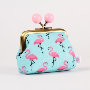 Metal frame coin purse with color bobbles - Flamingo on turquoise blue - Color mum / Cute fabric wallet / Little coin purse / Tropical