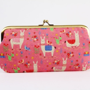 Eyeglass frame purse - Happy llamas on pink - Long purse / Eyeglass fabric case / Cell phone holder / Japanese fabric / blue yellow red