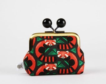 Metal frame coin purse with color bobbles - Red pandas on green - Color mum / Kisslock fabric wallet / Black orange / Panda forest