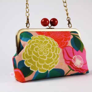 Metal frame bag with shoulder strap - Shimmer canvas in pink metallic - Little handbag / Melody Miller / Pink orange flowers green