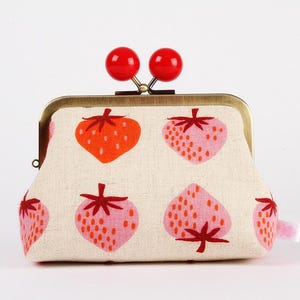 Kiss lock fabric wallet with color bobble - Strawberry canvas in natural - Big pop-up / Double metal frame purse / Two sections wallet