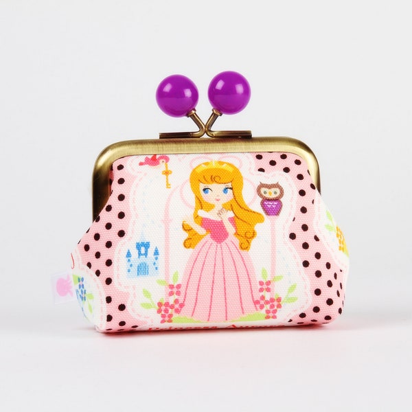 Metal frame coin purse with color bobbles -  Sleeping beauty and Cinderella  - Color mum / japanese fabric  /  Kisslock small wallet