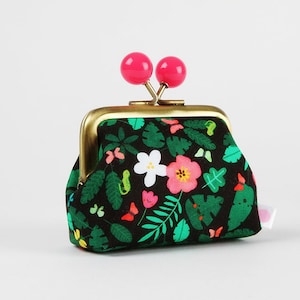 Metal frame coin purse with color bobbles - Foliage in jungle - Color mum / Kisslock fabric wallet / Ann Kelle / Tropical leaves
