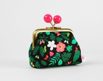 Metal frame coin purse with color bobbles - Foliage in jungle - Color mum / Kisslock fabric wallet / Ann Kelle / Tropical leaves