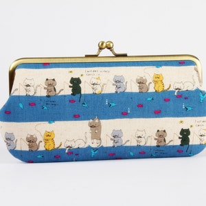 Eyeglass frame purse - Fishing cats  - Long purse / Eyeglass fabric case / Cell phone holder / Kisslock purse / Japanese fabric