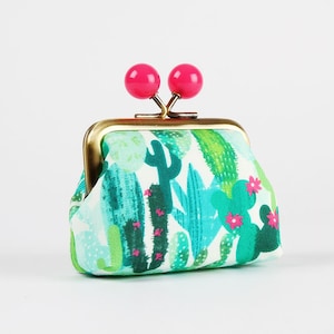 Metal frame coin purse with color bobbles - Cactus - Color mum / Kisslock change pouch / Apple green hot pink teal cacti / Kisslock wallet
