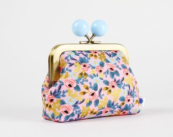 Metal frame coin purse with color bobble - Rosa violet - Color dad / Rifle Paper fabric / kiss lock fabric wallet / Blue pink metallic gold