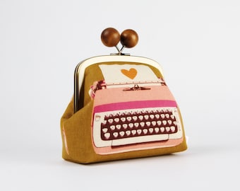 Metal frame clutch bag - Typewriter in golden yellow - Color wooden bobble purse /  Kisslock cosmetic case / brown pink / Melody Miller