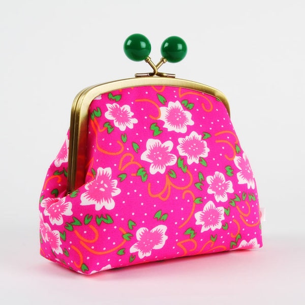 Clutch purse with metal frame - Fiora rose - Color bobble purse / Petit Pan fabric / Neon pink emerald green / floral pattern white flowers